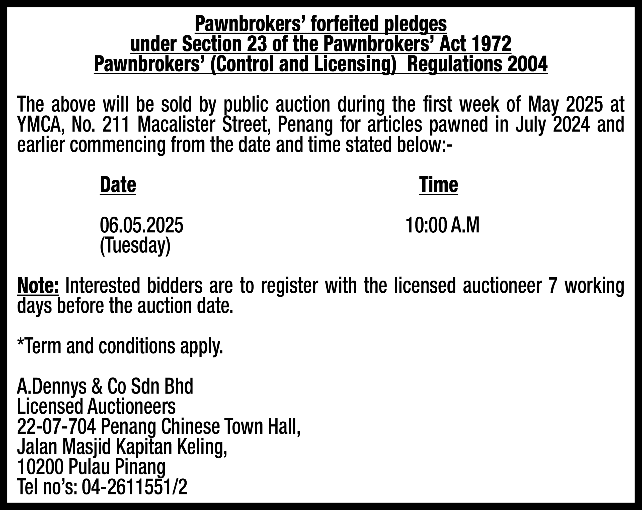 A.DENNYS & CO SDN BHD (LICENSED AUCTIONEERS)