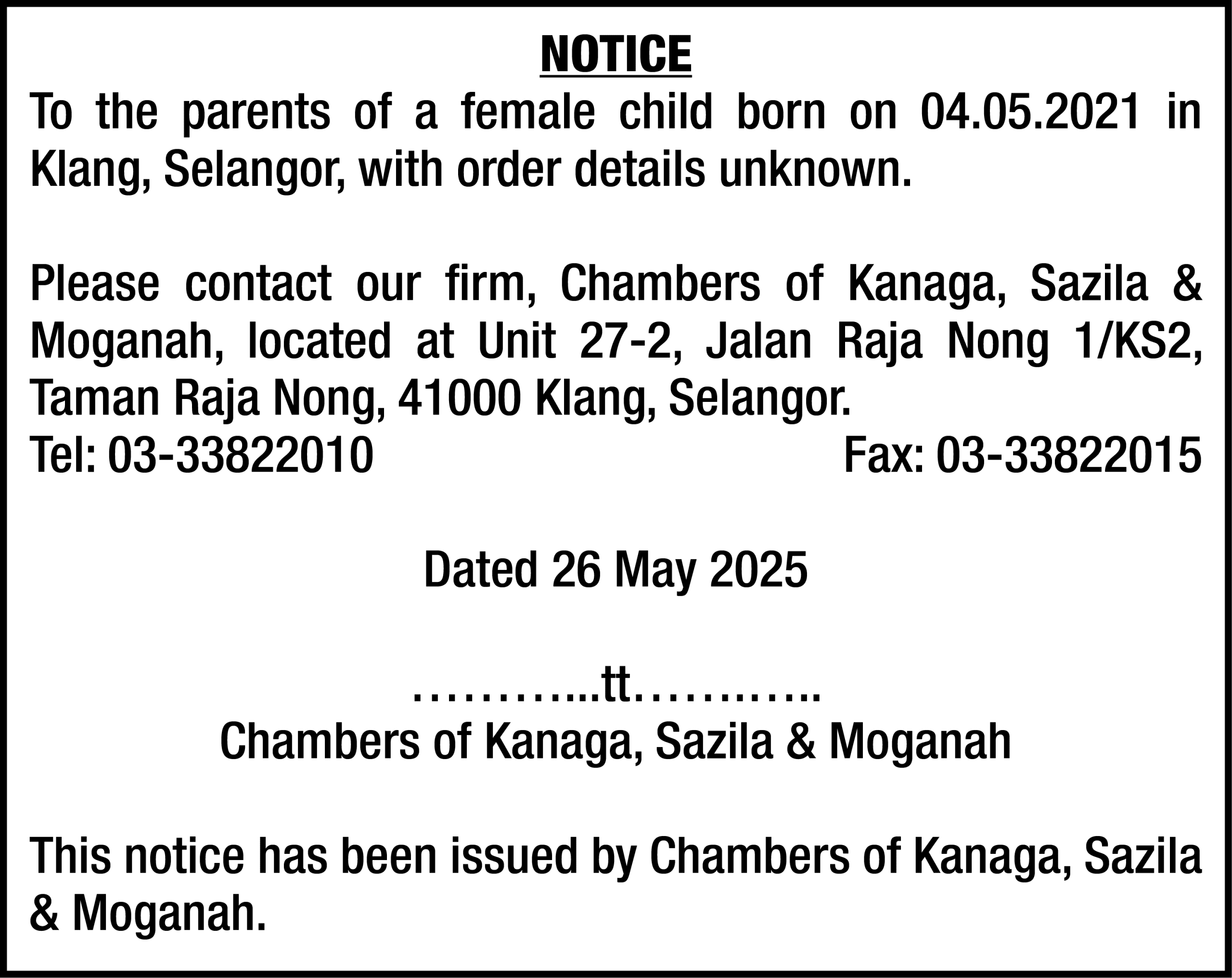 CHAMBERS OF KANAGA, SAZILA & MOGANAH