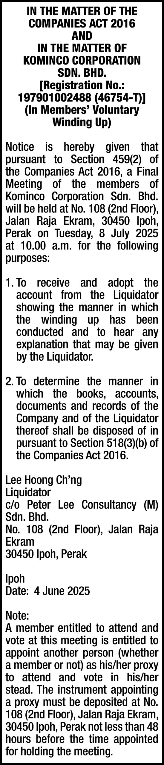 PETER LEE CONSULTANCY (M) SDN BHD