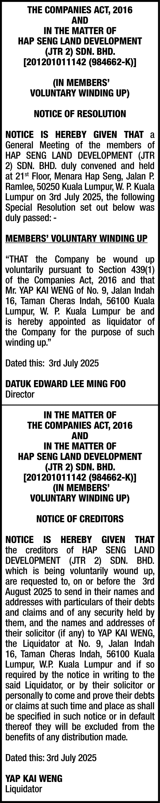 KW YAP CORPORATE SERVICES SDN BHD