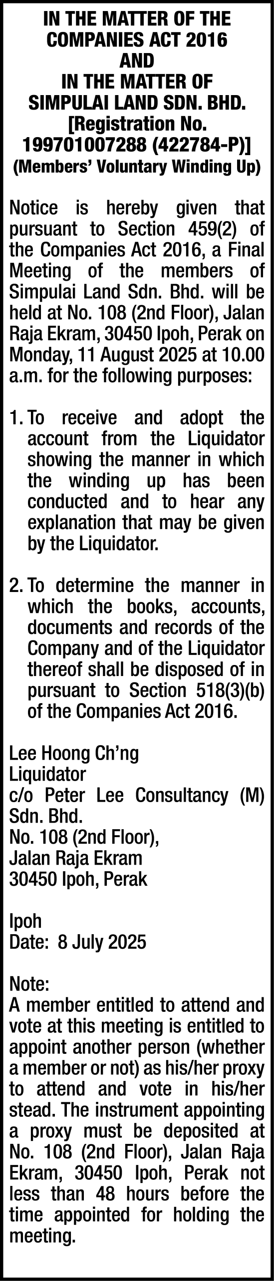 PETER LEE CONSULTANCY (M) SDN BHD