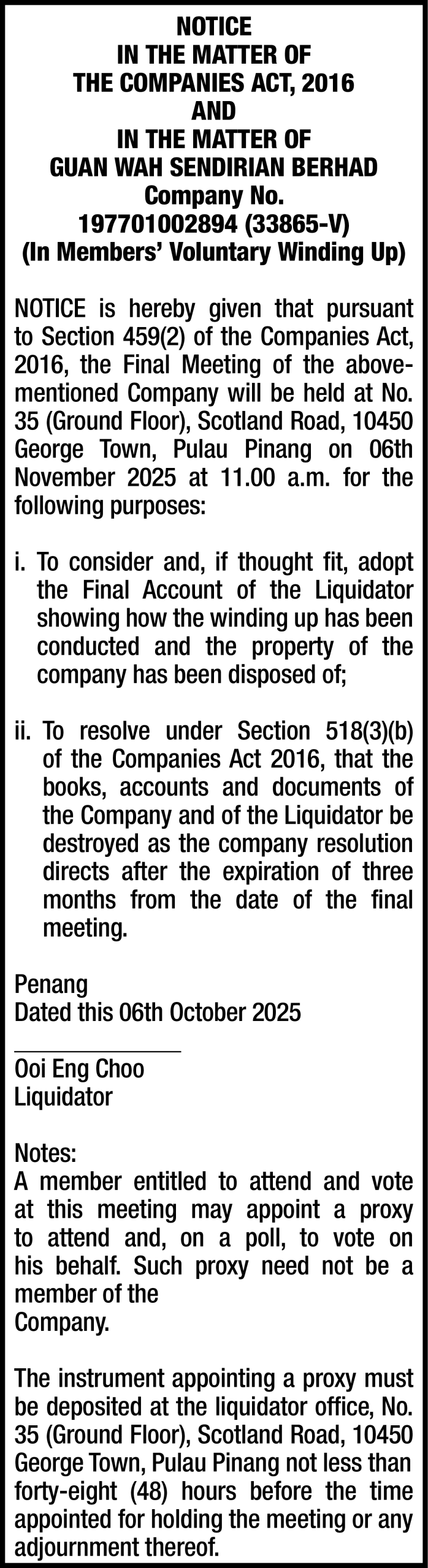 GUAN WAH SENDIRIAN BERHAD