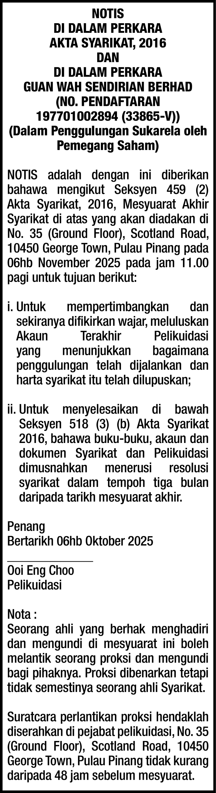 GUAN WAH SENDIRIAN BERHAD